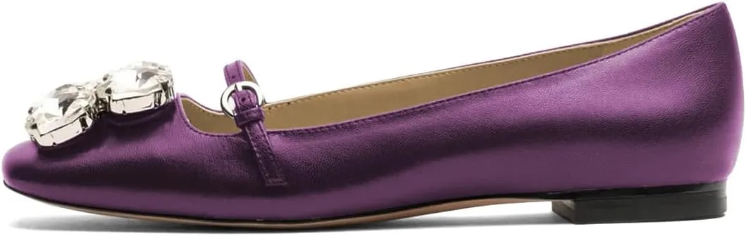 XYD Women Square Toe Mary Jane Flats Dazzled Rhinestones Crystals Buckled Slender Strap Casual Dressy Shoes
