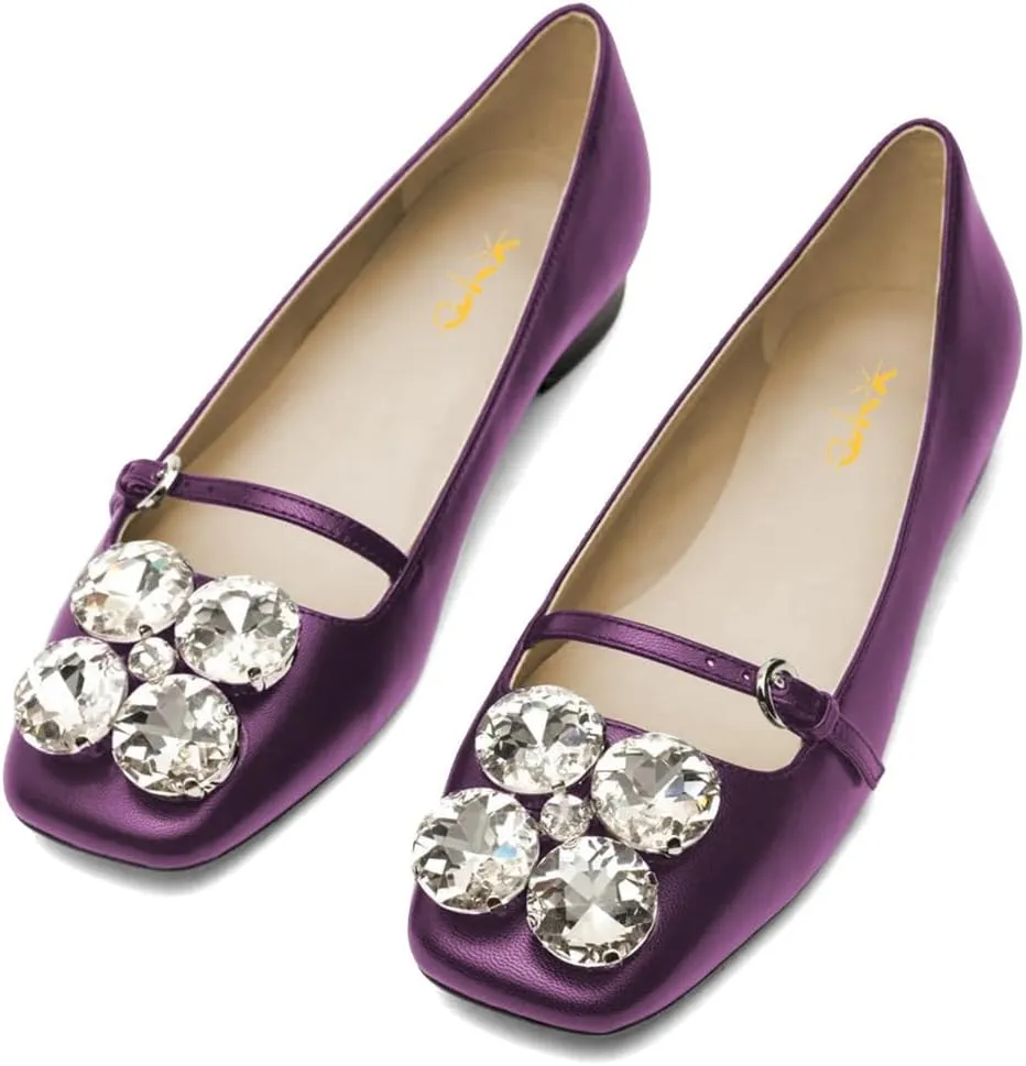 XYD Women Square Toe Mary Jane Flats Dazzled Rhinestones Crystals Buckled Slender Strap Casual Dressy Shoes