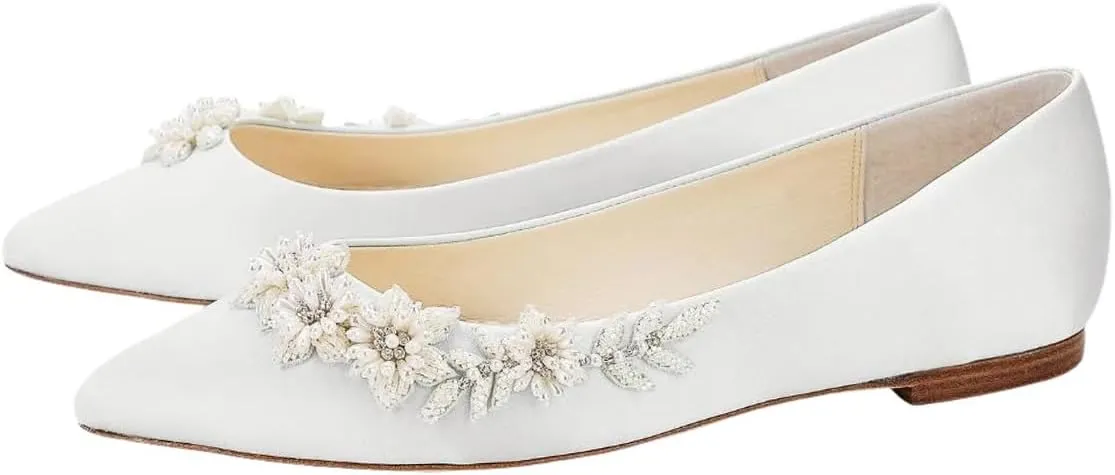 XYD Women Wedding Flats Floral Pearl Embellishment Elegant Pointed Toe Slip-ons Satin Bridal Prom Shoes