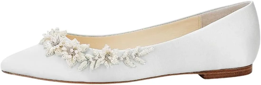 XYD Women Wedding Flats Floral Pearl Embellishment Elegant Pointed Toe Slip-ons Satin Bridal Prom Shoes