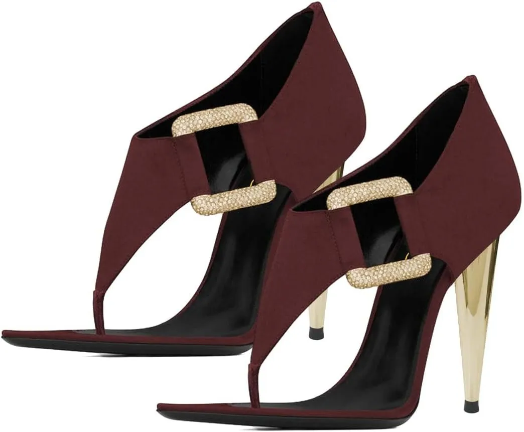 XYD Women's Chic Open Pointed Toe Sandals Back Zip Satin Pumps Cone High Heels Rhinestone Square Buckle Evening Prom Event Shoes
