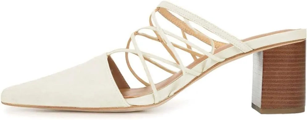 YDN Women Fashion Closed Pointy Toe Cross Strap Mule Mid High Chunky Stacked Heel Pumps Date Office Shoes