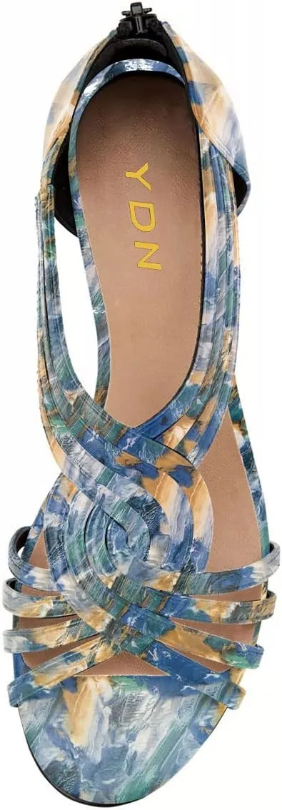 YDN Women Summer Wedge Glitter Sandals Open Toe Rhinestones Cross Over Straps Mid Heels with Back Zippper Holiday Casual Shoe Size 4-15