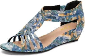 YDN Women Summer Wedge Glitter Sandals Open Toe Rhinestones Cross Over Straps Mid Heels with Back Zippper Holiday Casual Shoe Size 4-15
