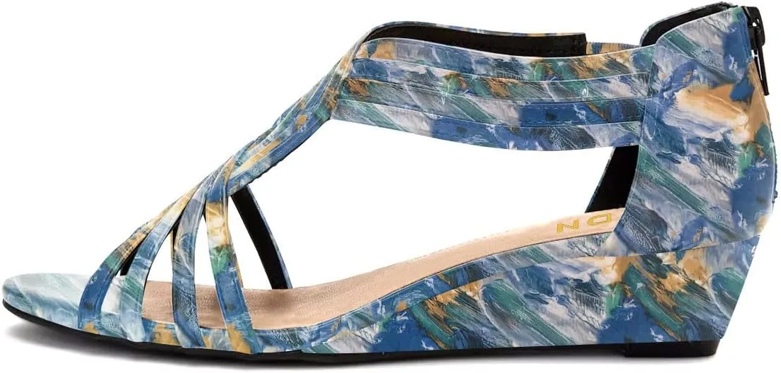 YDN Women Summer Wedge Glitter Sandals Open Toe Rhinestones Cross Over Straps Mid Heels with Back Zippper Holiday Casual Shoe Size 4-15