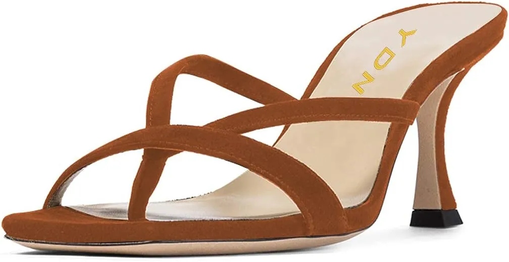 YDN Women's Square Open Toe Sandal Slides Kitten Heel Slip on Flip Flops Stiletto Party Slippers Heeled Mule Shoes Size-4-15 US