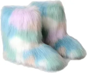 YESBOR Women's Winter Faux Fur Boots Round Toe Warm Fuzzy Fluffy Furry Snow Boots Flat Shoes