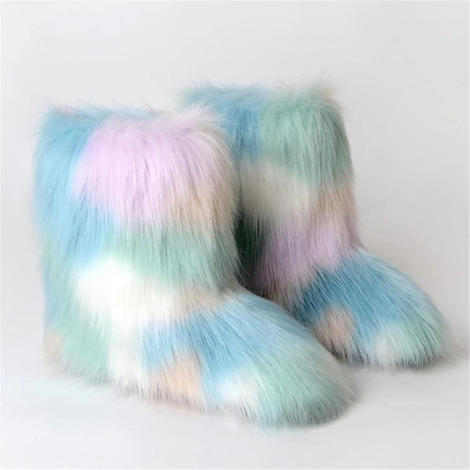 YESBOR Women's Winter Faux Fur Boots Round Toe Warm Fuzzy Fluffy Furry Snow Boots Flat Shoes