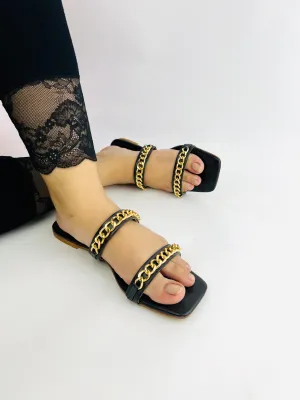 Ziva Black Stone Chain Embellished Square Toe Flat Sandals - 11038