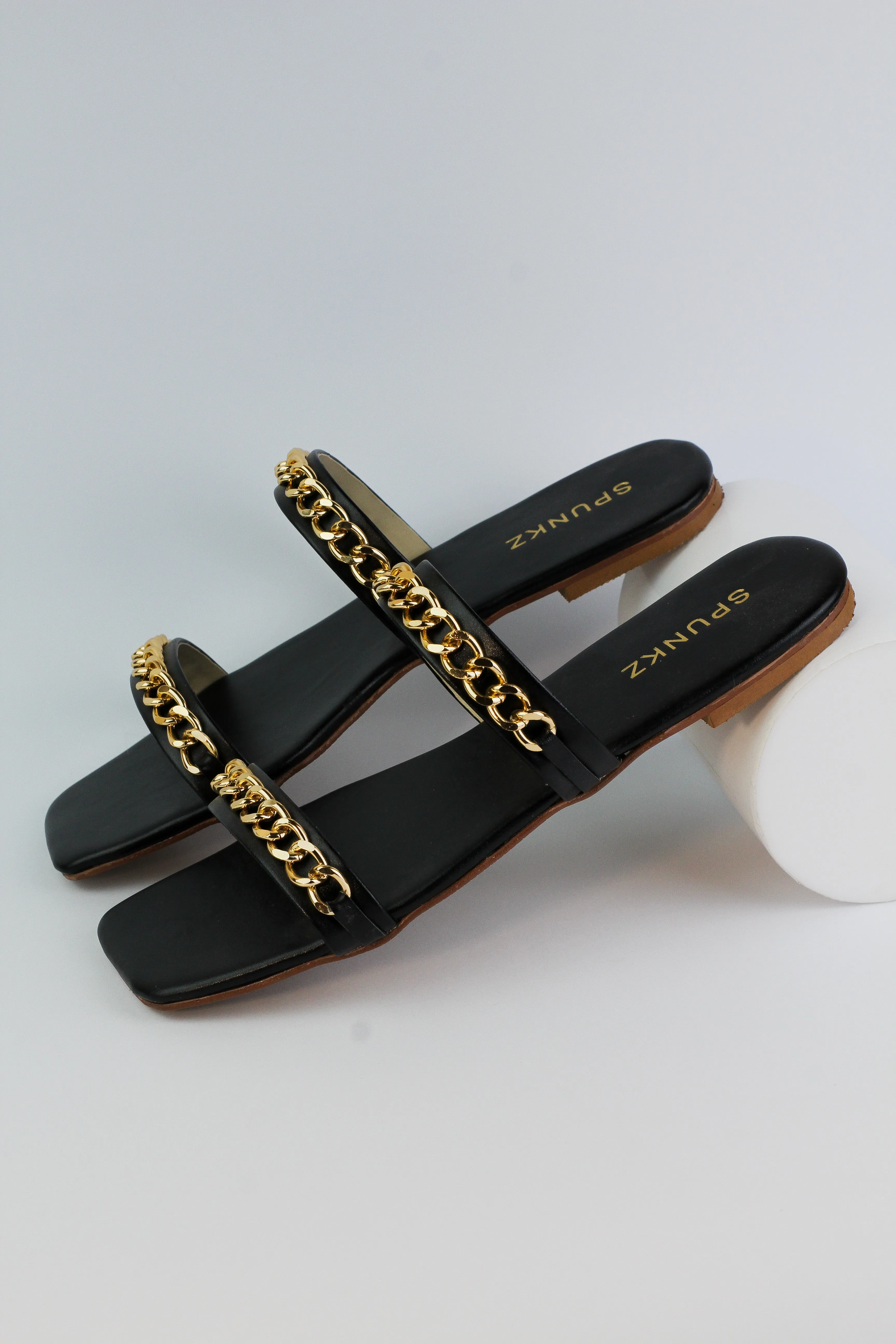 Ziva Black Stone Chain Embellished Square Toe Flat Sandals - 11038