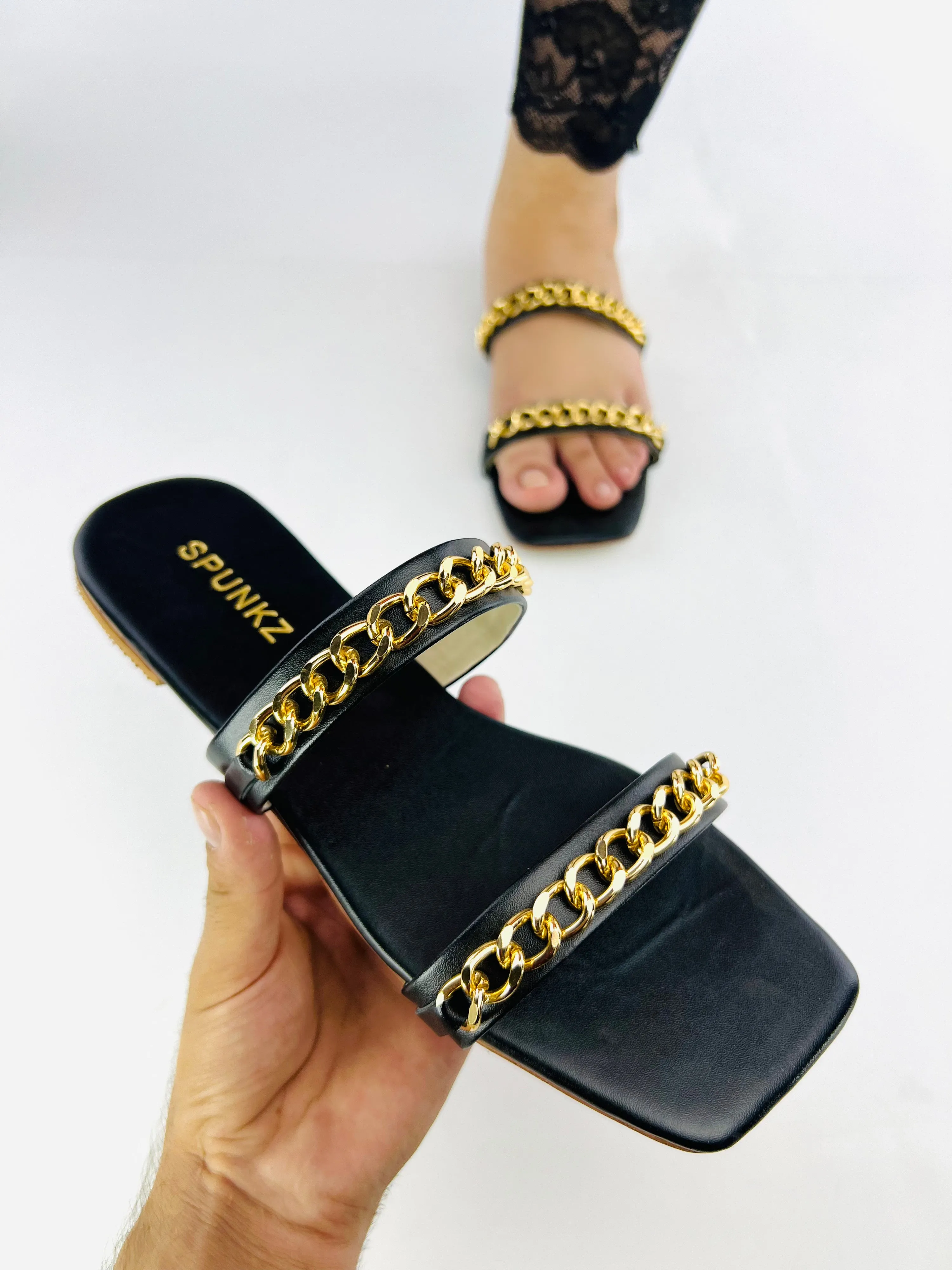 Ziva Black Stone Chain Embellished Square Toe Flat Sandals - 11038
