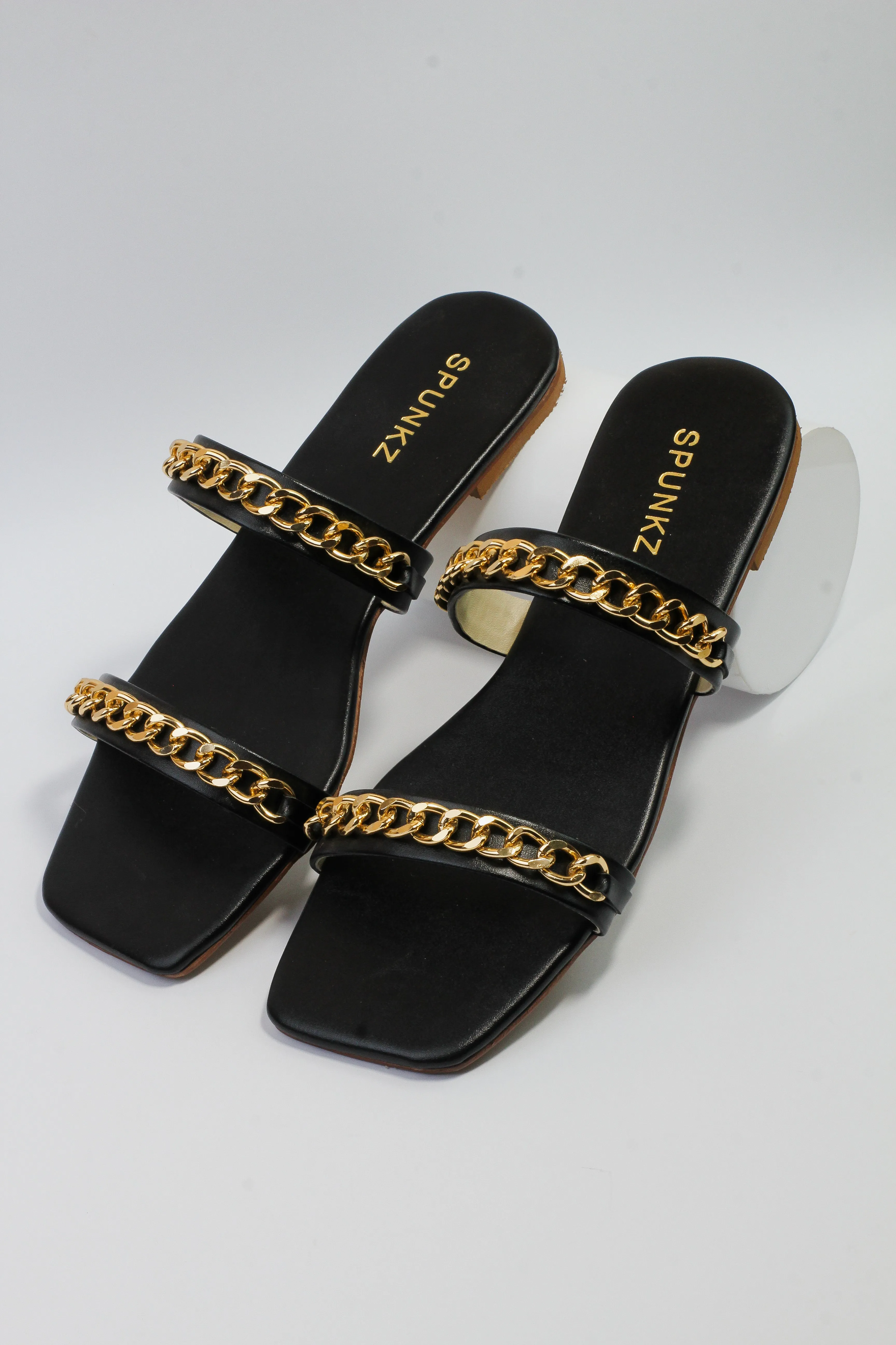 Ziva Black Stone Chain Embellished Square Toe Flat Sandals - 11038