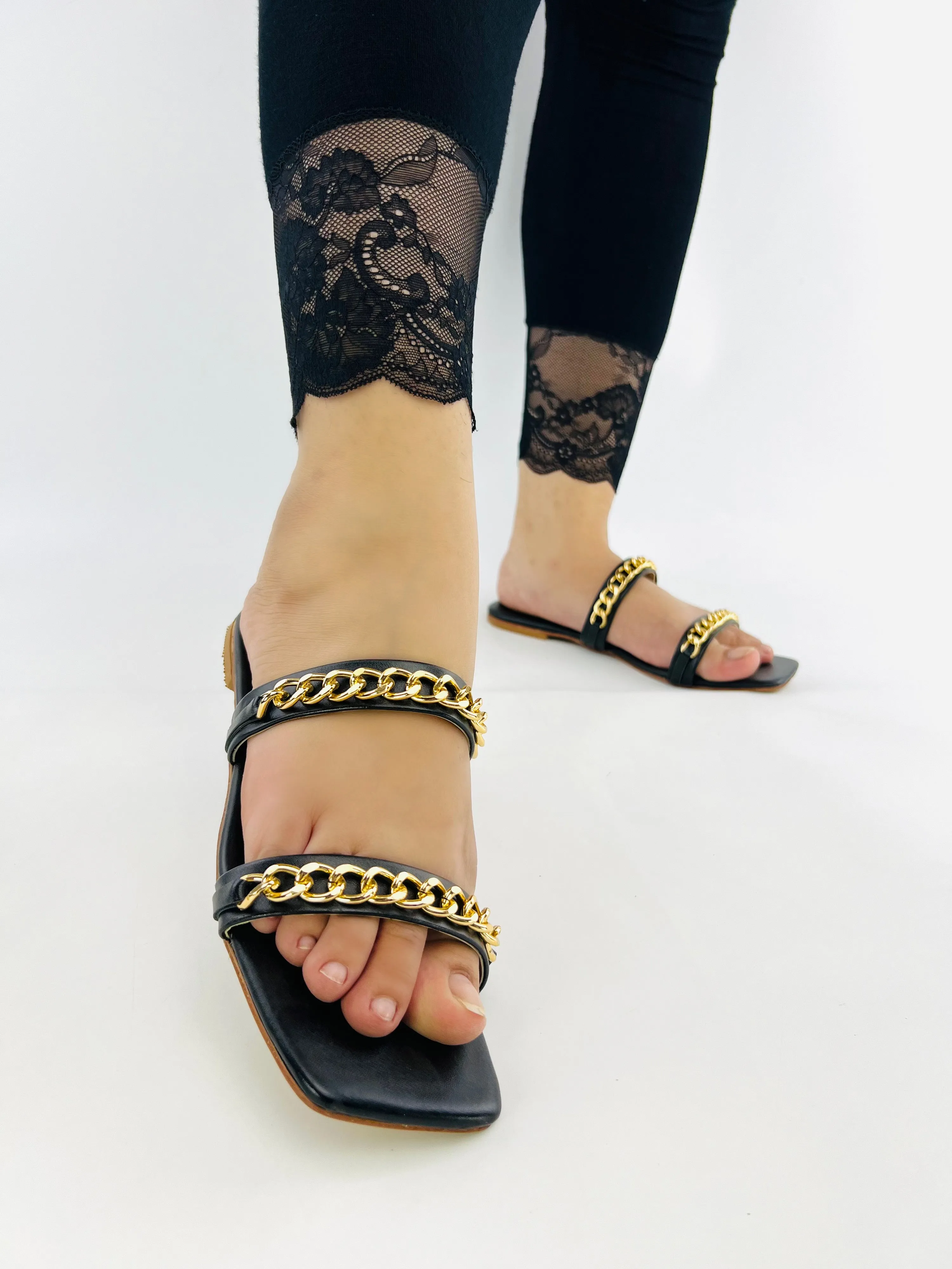 Ziva Black Stone Chain Embellished Square Toe Flat Sandals - 11038