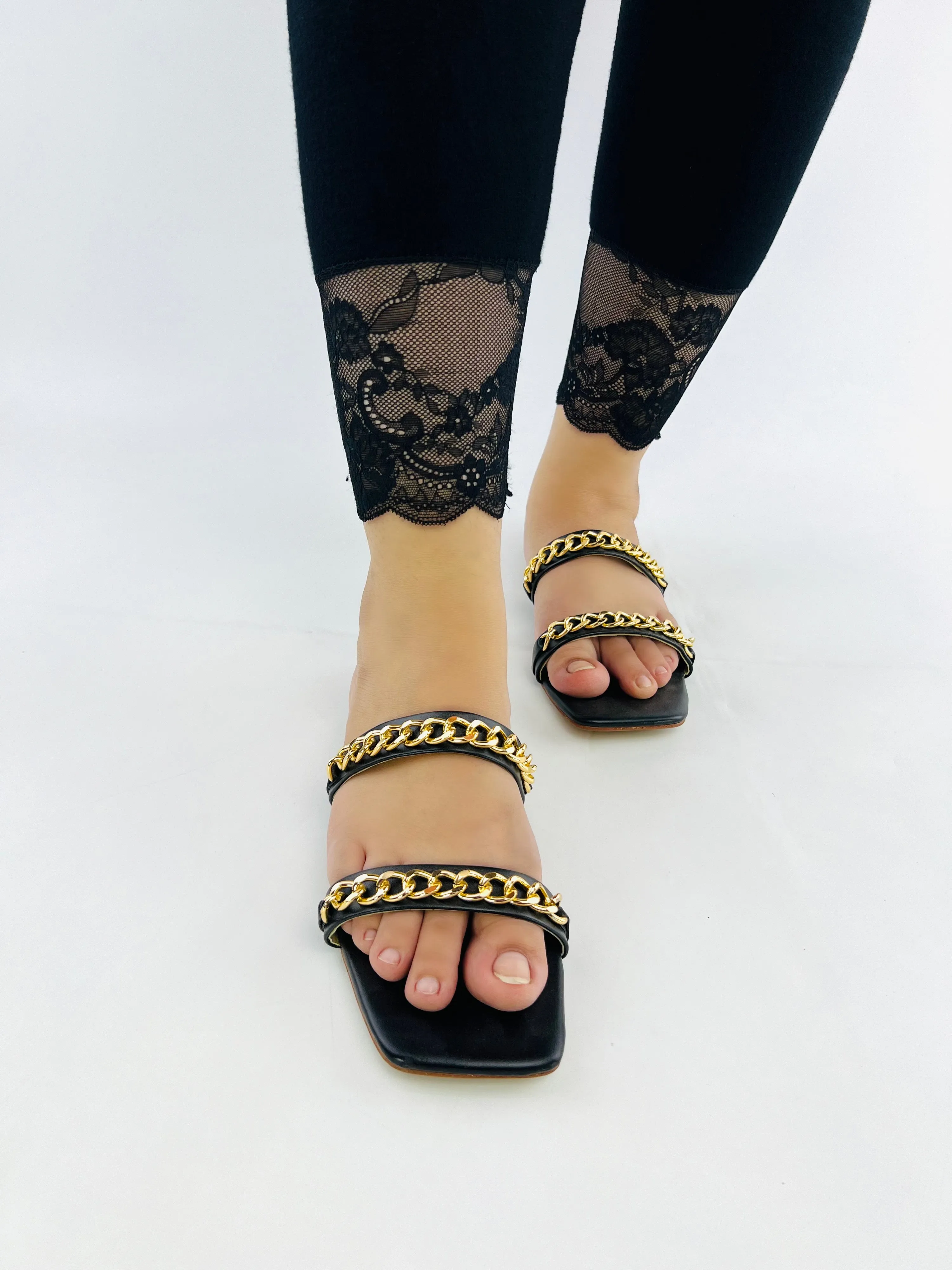 Ziva Black Stone Chain Embellished Square Toe Flat Sandals - 11038