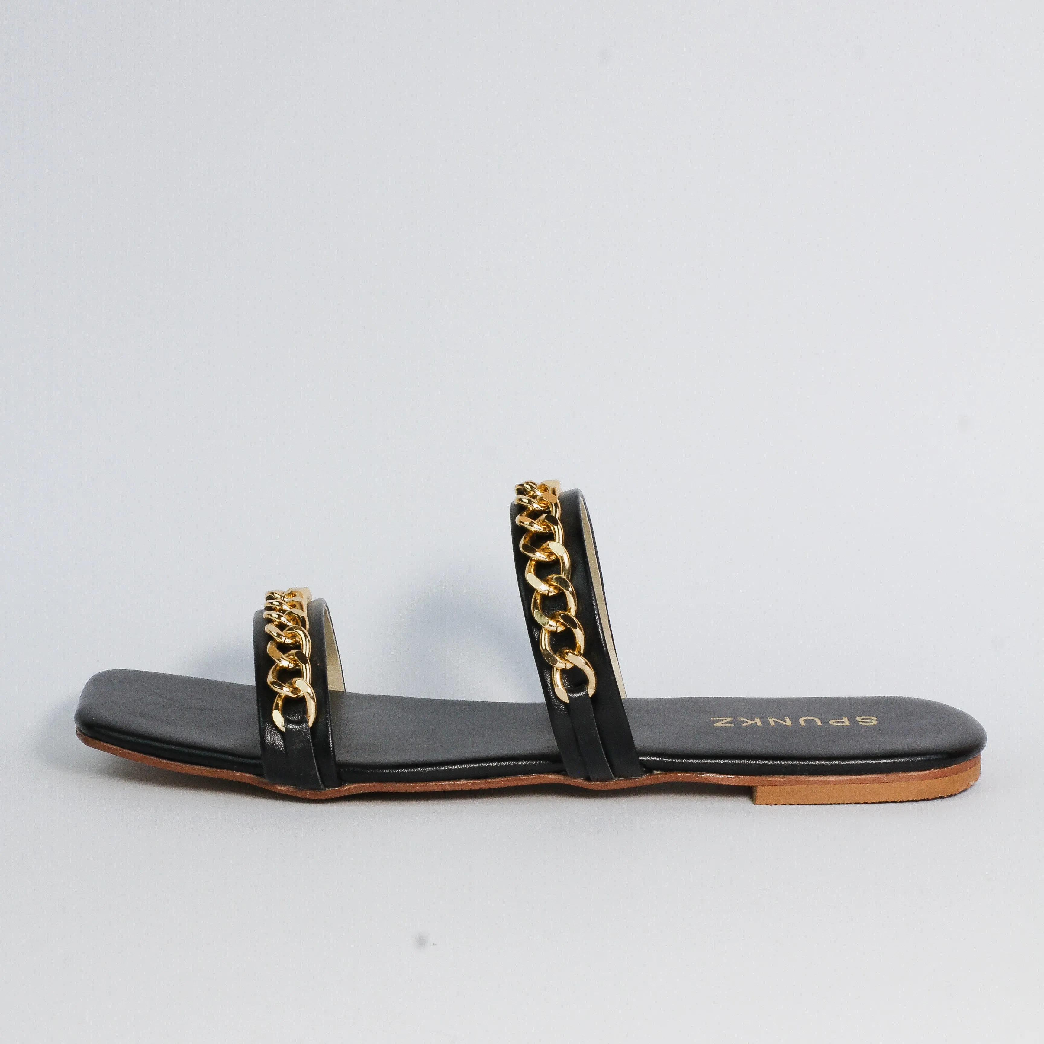 Ziva Black Stone Chain Embellished Square Toe Flat Sandals - 11038