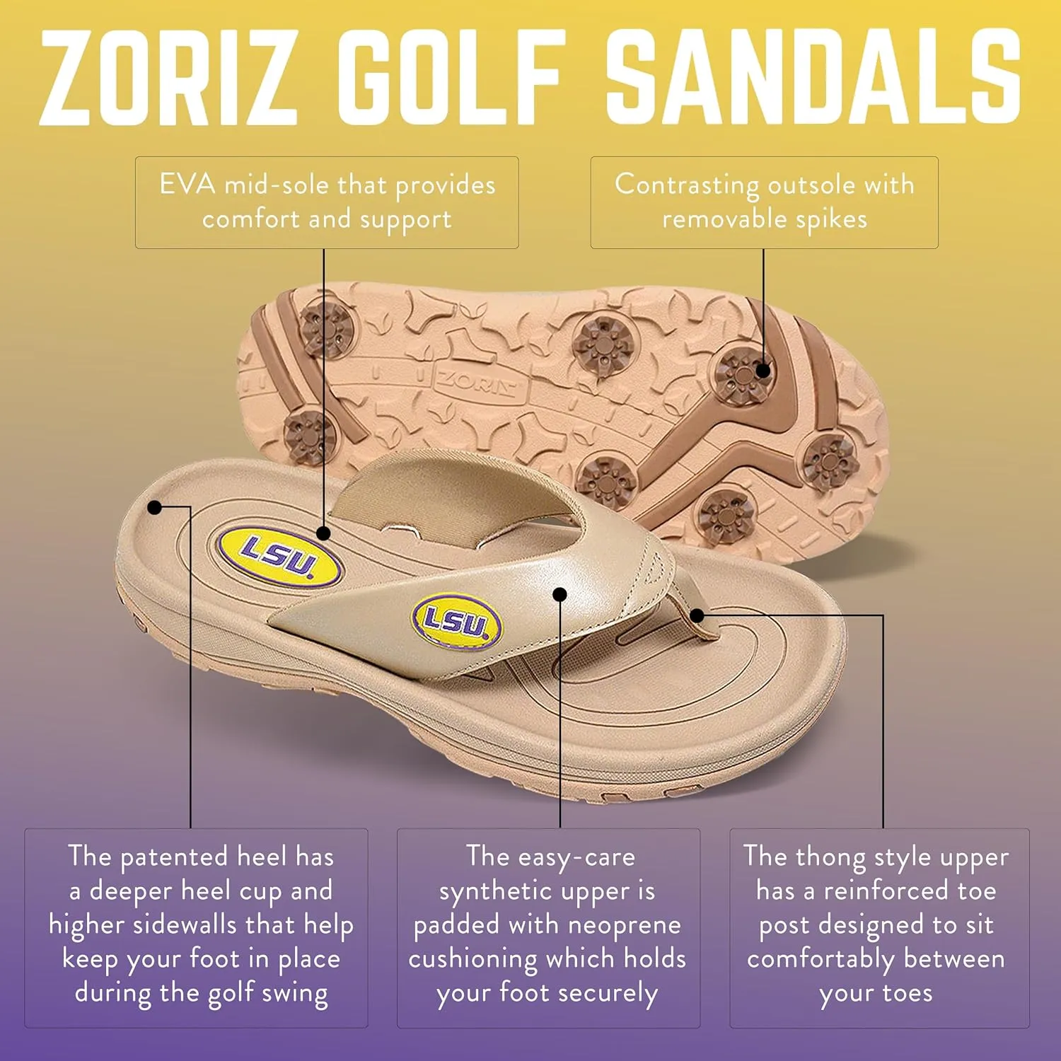 ZORIZ Collegiate Series Golf Sandals for Women and Men, Thong Flip Flops With Removable Spikes, Golf Footwear With Deeper Heel Cup and Higher Sidewalls
