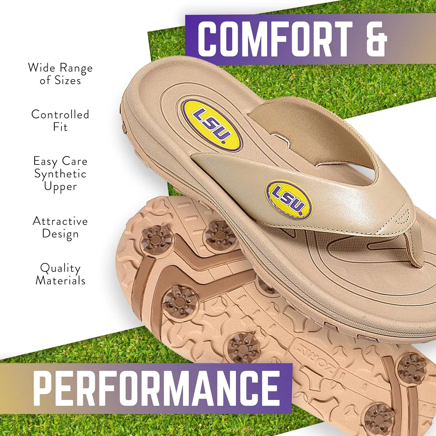 ZORIZ Collegiate Series Golf Sandals for Women and Men, Thong Flip Flops With Removable Spikes, Golf Footwear With Deeper Heel Cup and Higher Sidewalls