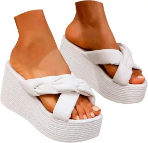 ZSpzx Espadrilles Wedge Sandals Womens Platform Bow Tie Open Toe Slides Shoes Slip On Women's Sparkly Fashion Dressy Prom Comfortable Slippers Retro Dress Summer Bohe Beach Ankle Strap Sandal