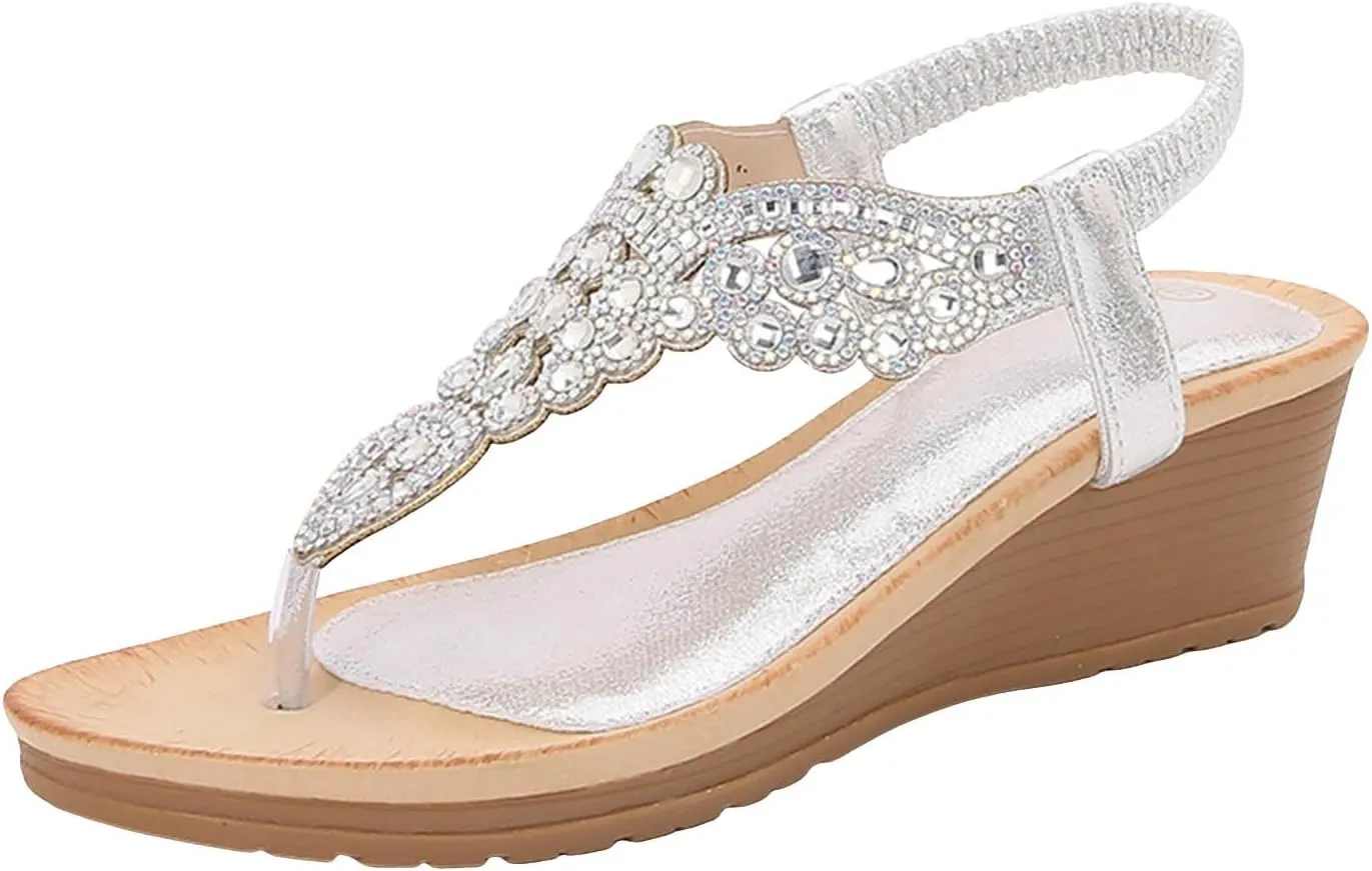 ZSpzx Wedge Sandals for Women Low Heels Summer Dressy Platform Elastic Ankle Strap Open Toe Sandal Womens Thong Rhinestone Comfortable Bohe Beach Slip On Cute Slides Casual Slingback Walking Shoes