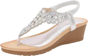 ZSpzx Wedge Sandals for Women Low Heels Summer Dressy Platform Elastic Ankle Strap Open Toe Sandal Womens Thong Rhinestone Comfortable Bohe Beach Slip On Cute Slides Casual Slingback Walking Shoes