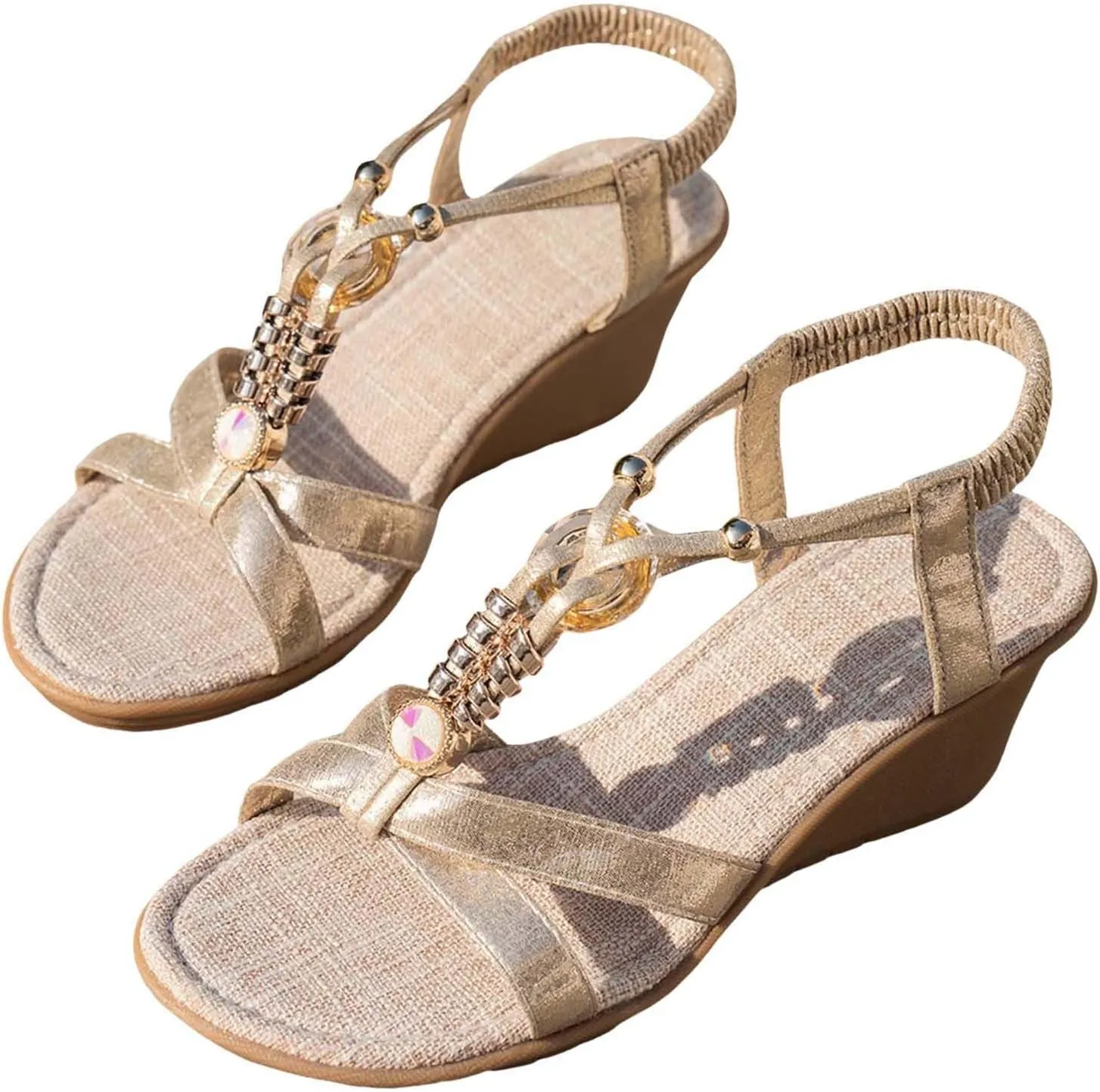 ZSpzx Wedge Sandals for Women,Comfortable Open Toe T-Strap Rhinestone Beaded Bohemia Beach Slip On Sandal For Women Dressy Summer Comfortable Elastic Strap Orthopedic Casual Outdoor Walking Shoes