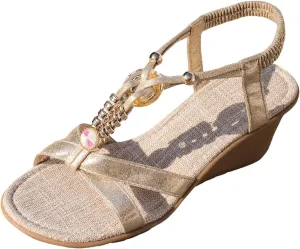 ZSpzx Wedge Sandals for Women,Comfortable Open Toe T-Strap Rhinestone Beaded Bohemia Beach Slip On Sandal For Women Dressy Summer Comfortable Elastic Strap Orthopedic Casual Outdoor Walking Shoes