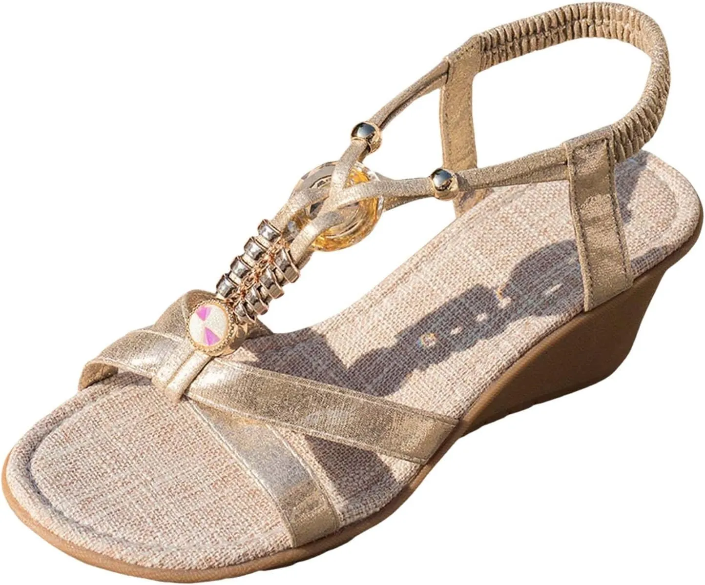 ZSpzx Wedge Sandals for Women,Comfortable Open Toe T-Strap Rhinestone Beaded Bohemia Beach Slip On Sandal For Women Dressy Summer Comfortable Elastic Strap Orthopedic Casual Outdoor Walking Shoes